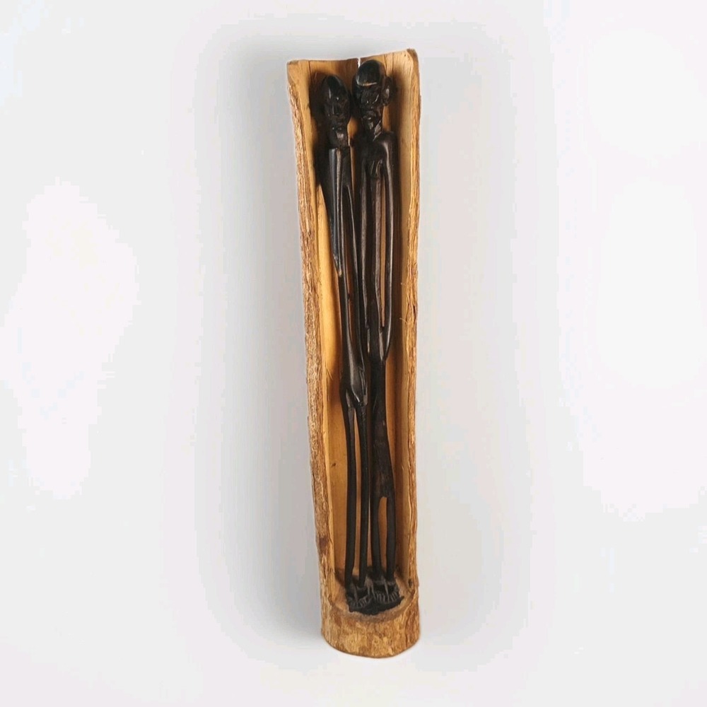 African Masai Tribal Hand Carved Man & Woman Wooden Sculpture in Bark 12"